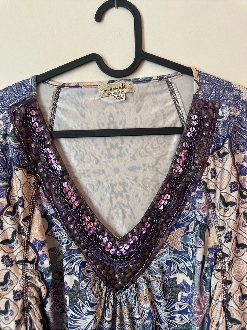 ONE WORLD Purple & Blue Embellished Sparkle V-Neck Boho Blouse Size Large - Picture 3 of 5